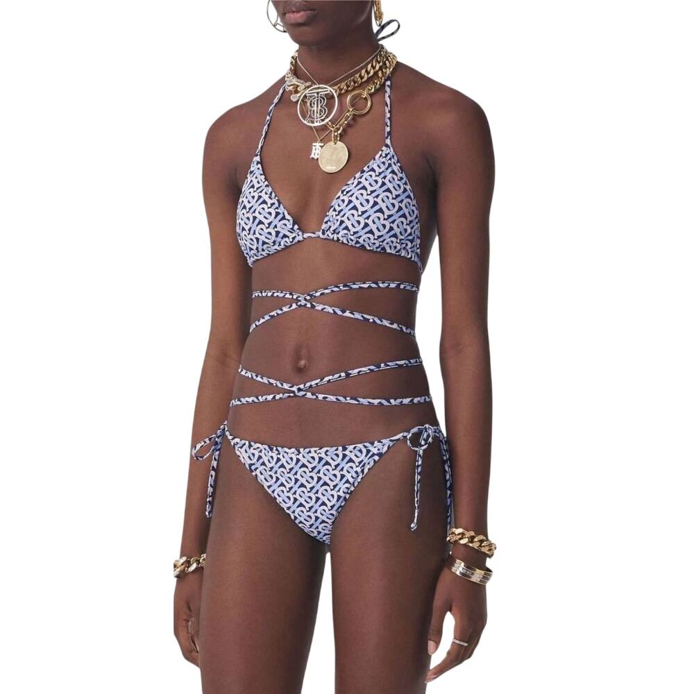 Burberry Cobb Monogram Print Triangle Bikini Set Blue Women's